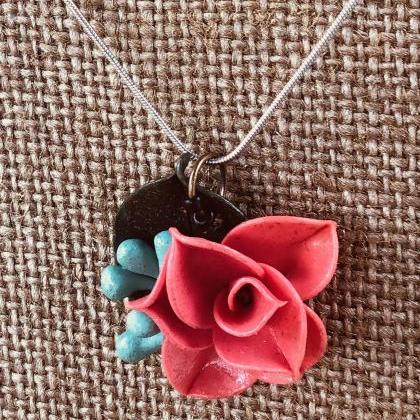 Coral Salmon Pink Clay Rose Pendant W/blue Seeded..