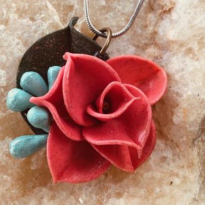 Coral Salmon Pink Clay Rose Pendant W/blue Seeded..