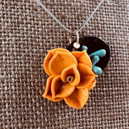 Goldenrod Yellow Rose Clay Pendant Necklace..