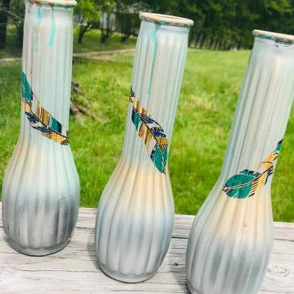 Boho Feather Vases - Matching Set Of 3 - Painted..