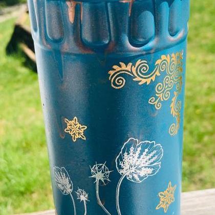 Poppies - Tall Bud Vase - Painted Glass - Teal -..