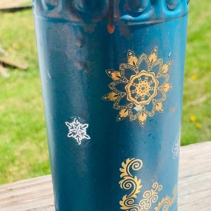 Poppies - Tall Bud Vase - Painted Glass - Teal -..