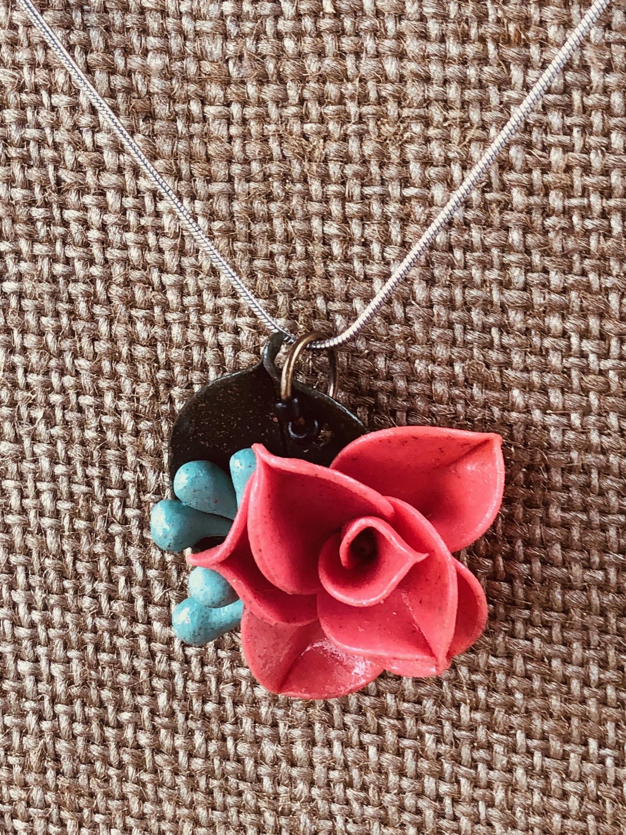 Coral Salmon Pink Clay Rose Pendant W/blue Seeded Eucalyptus & Forest Green Ruscus Detail On 18" Silver-plated Snake Chain