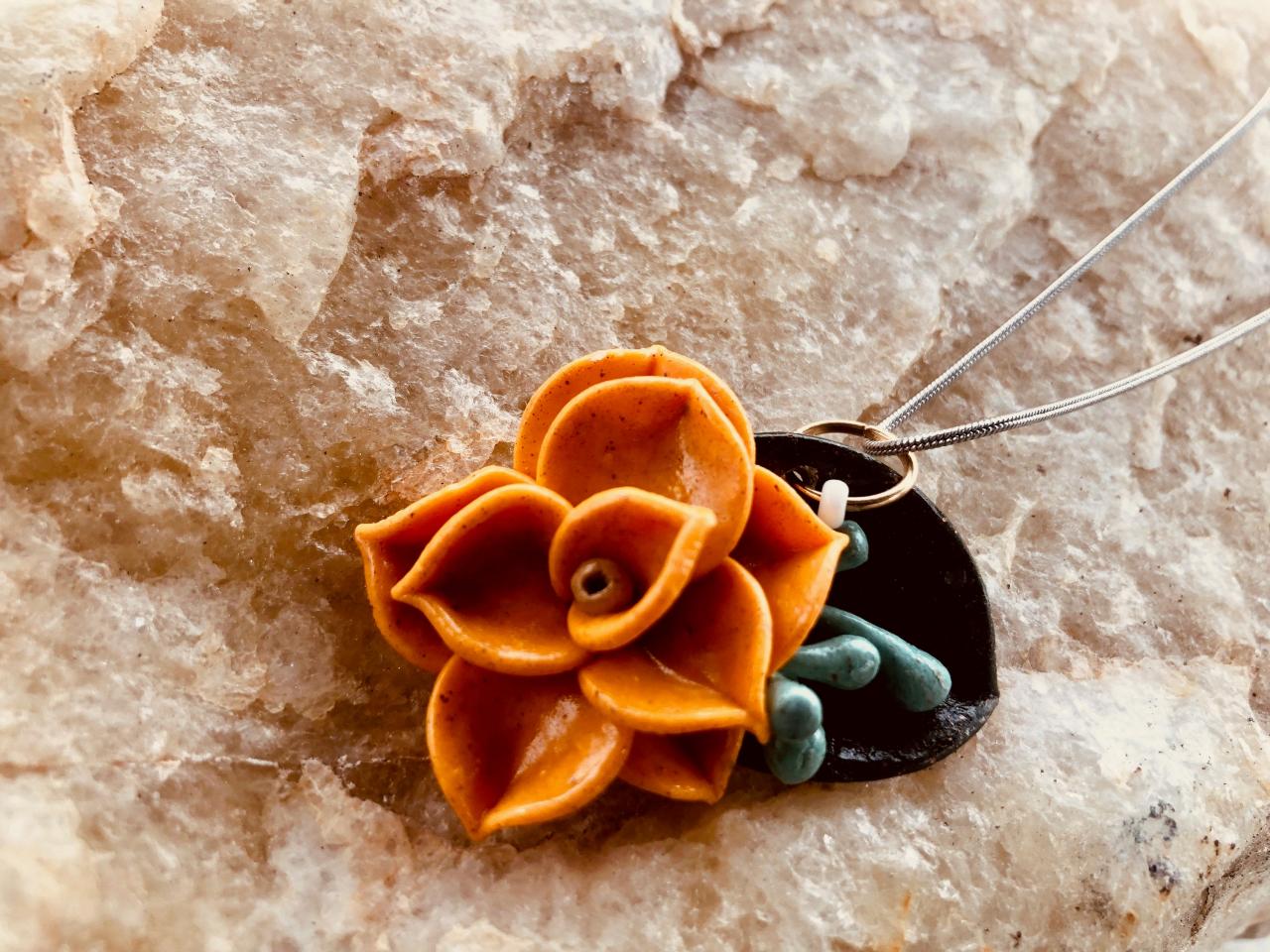 Goldenrod Yellow Rose Clay Pendant Necklace W/silver-blue Seeded Eucalyptus & Forest Green Ruscus Leaf 18" Silver-plated Snake
