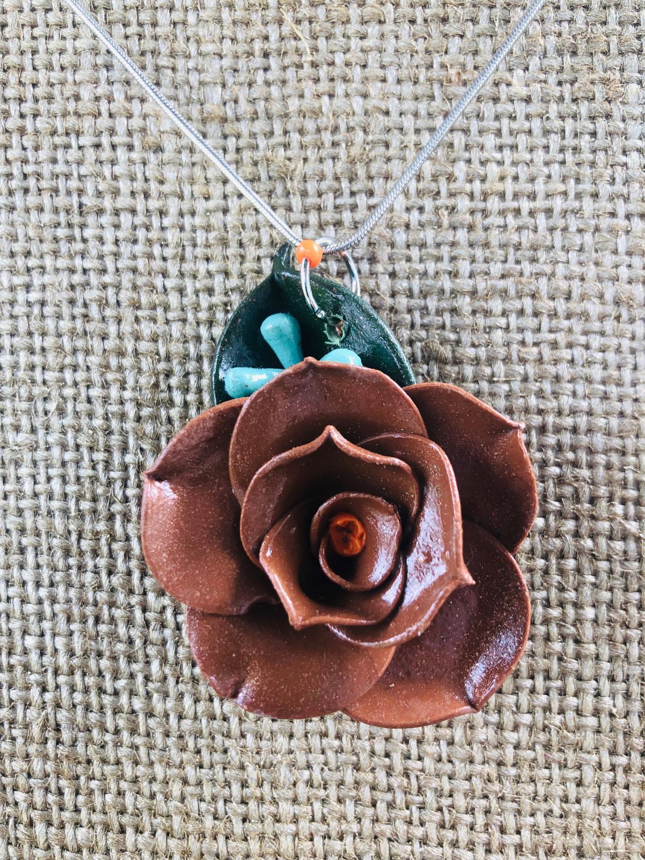 Chocolate Brown Clay Rose With Orange Center & Seeded Eucalyptus W/forest Green Ruscus Leaf On 18" Silver-plated Necklace With