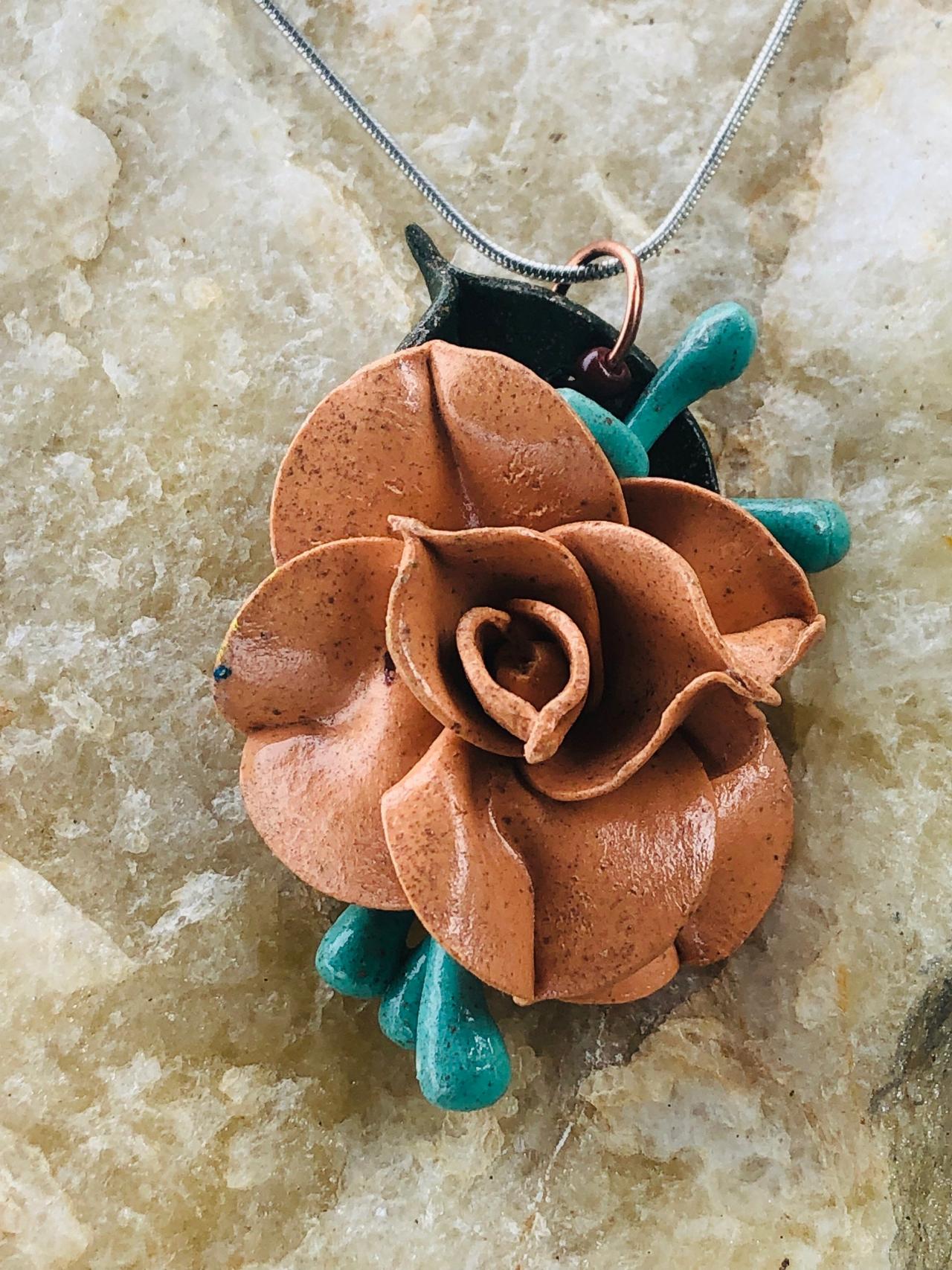 Handcrafted Clay Sand Rose With Blue Seeded Eucalyptus & Ruscus Leaf Pendant 18" Silver Plated Necklace With Lobster Clasp