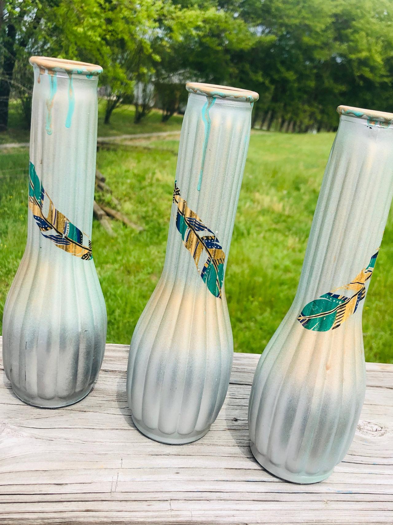 Boho Feather Vases - Matching Set Of 3 - Painted Glass - Bud Vases - Silver - Gold - Green