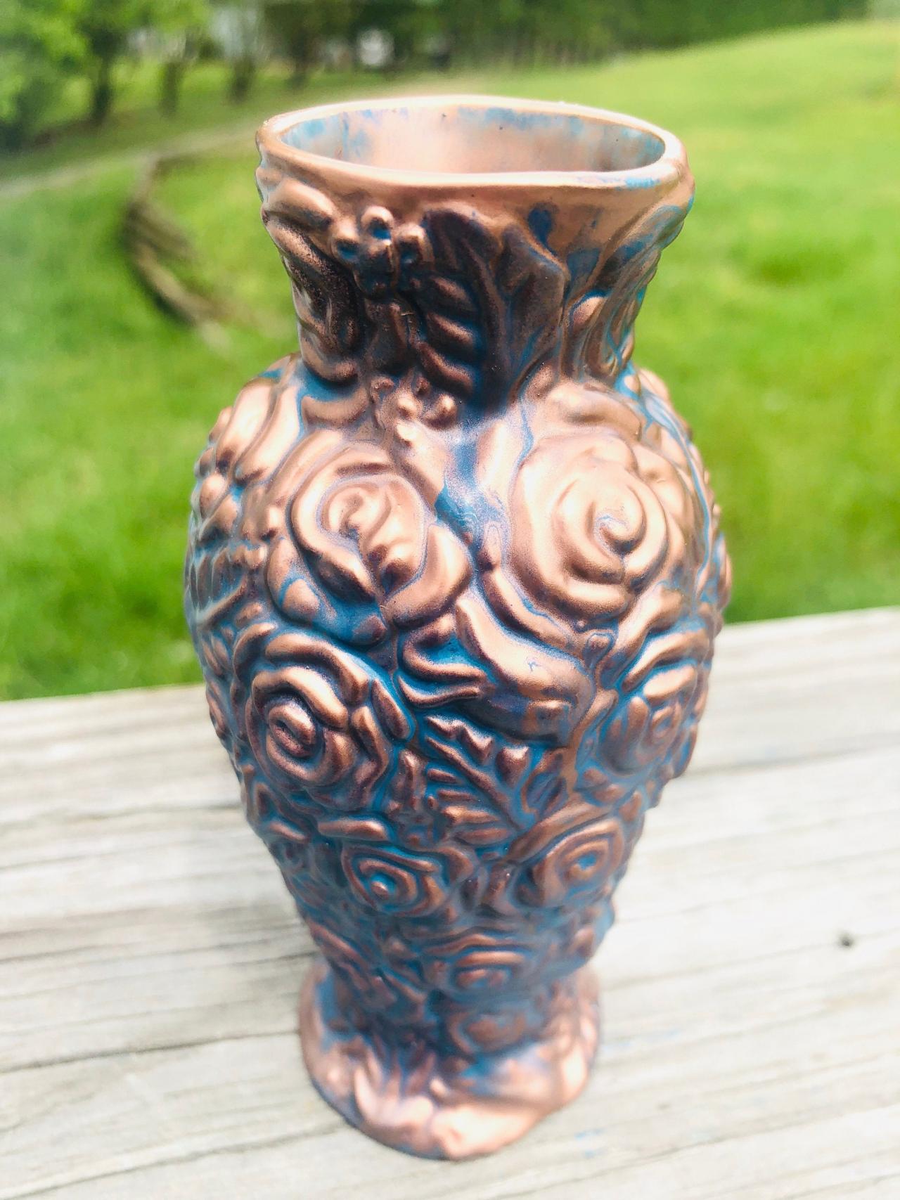 Carved Rose Bud Vase Painted Ceramic Teal Rose Gold On Luulla