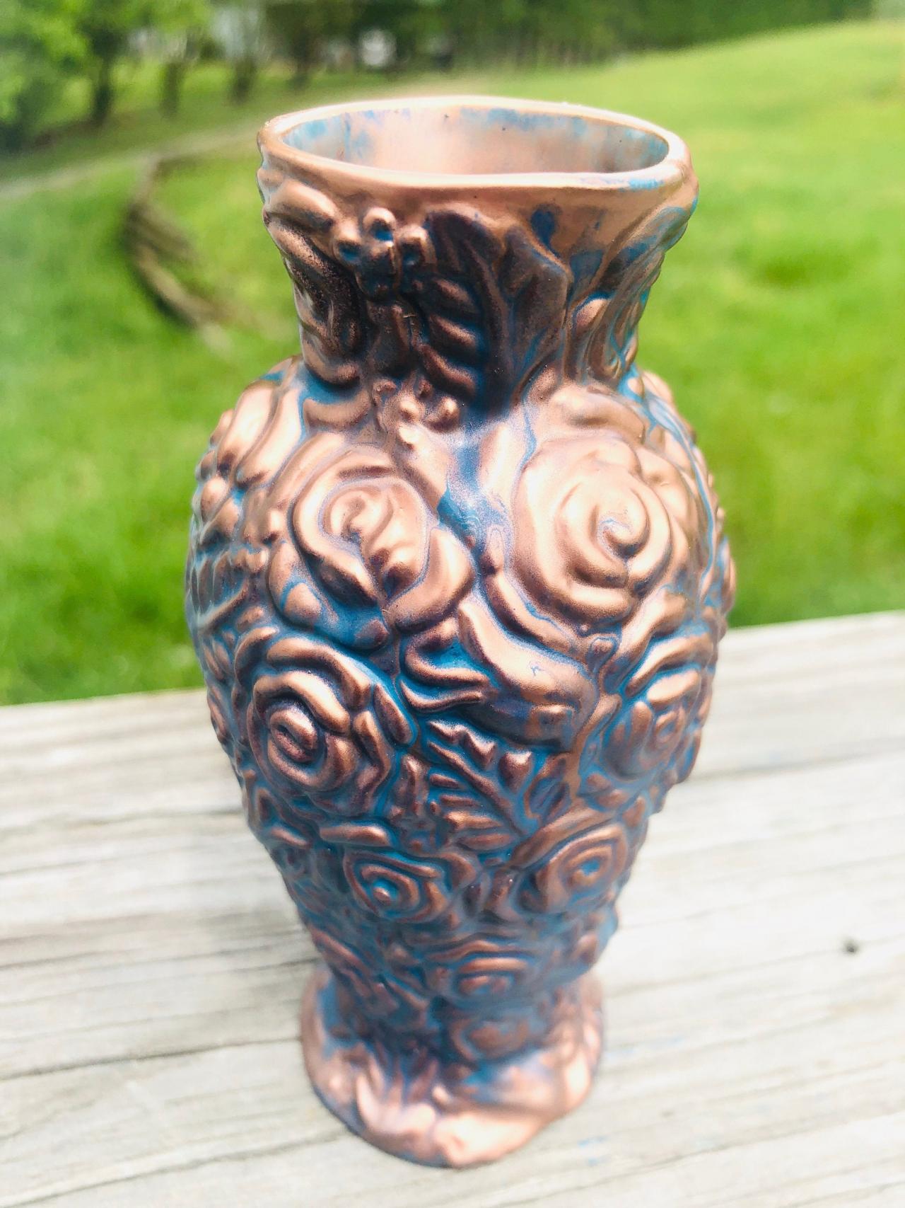 Carved Rose Bud Vase - Painted Ceramic - Teal - Rose Gold