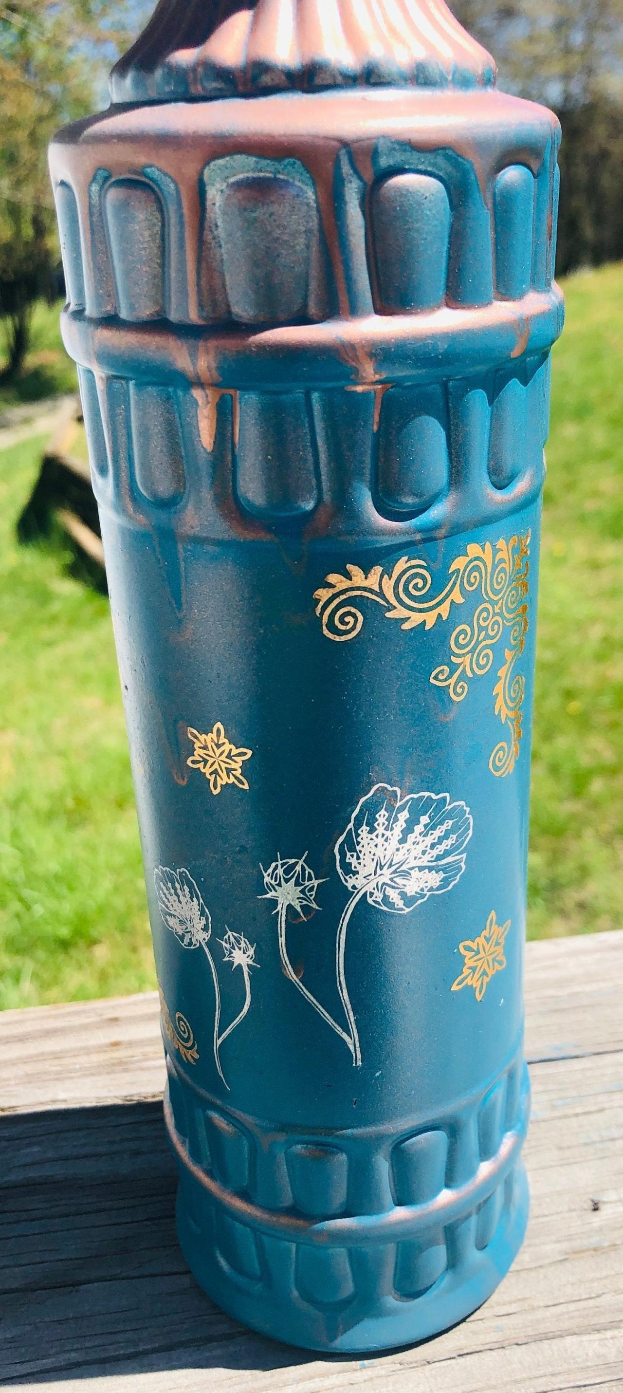 Poppies Tall Bud Vase Painted Glass Teal Rose Gold