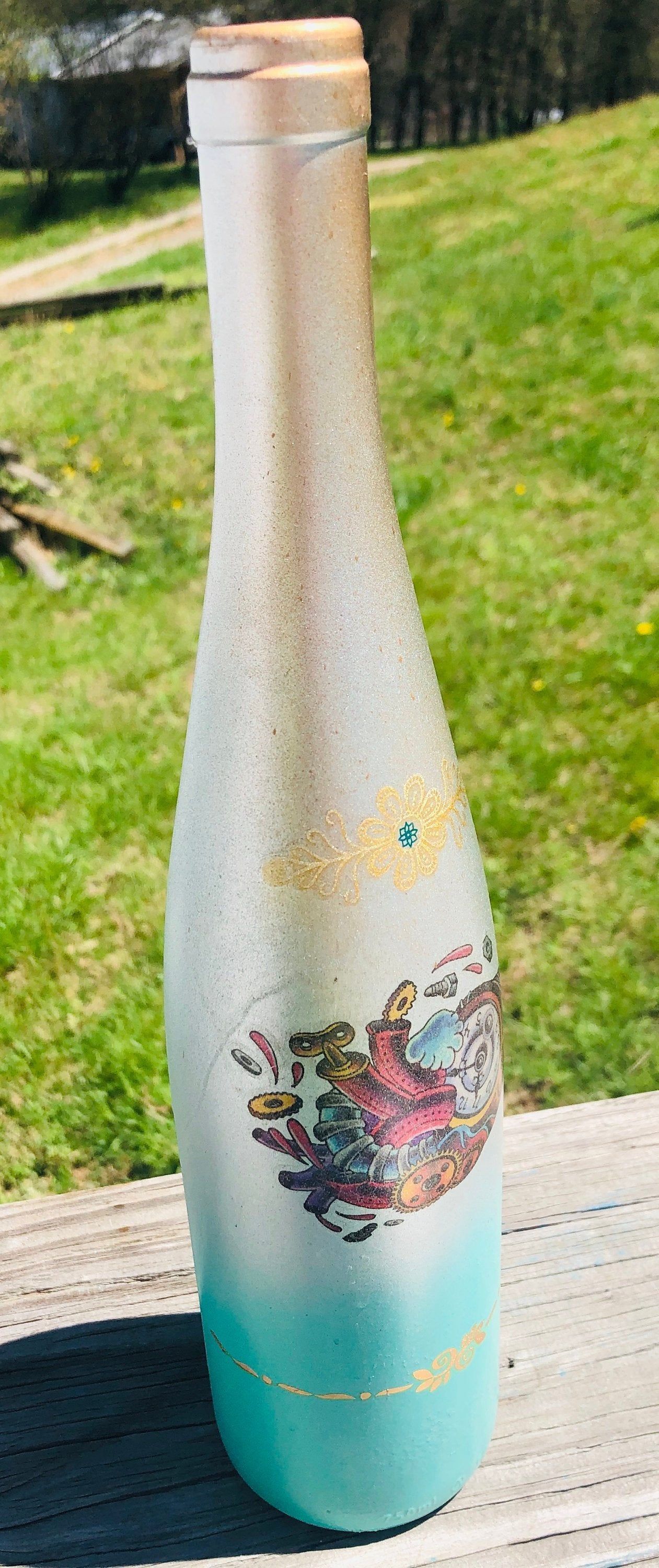 Funky Heart - Wine Bottle Vase/candleholder - Painted Glass - Sea Foam Green - Silver - Gold