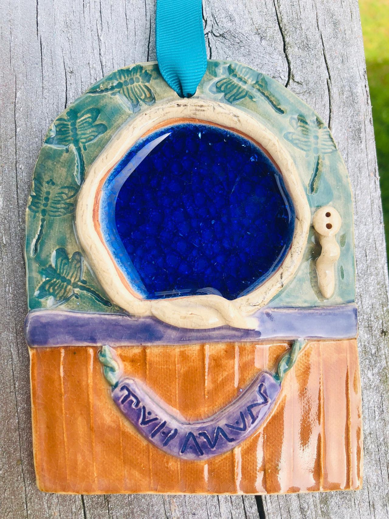 Handcrafted Ceramic Fairy Door Sea Foam Green Tan Lavender