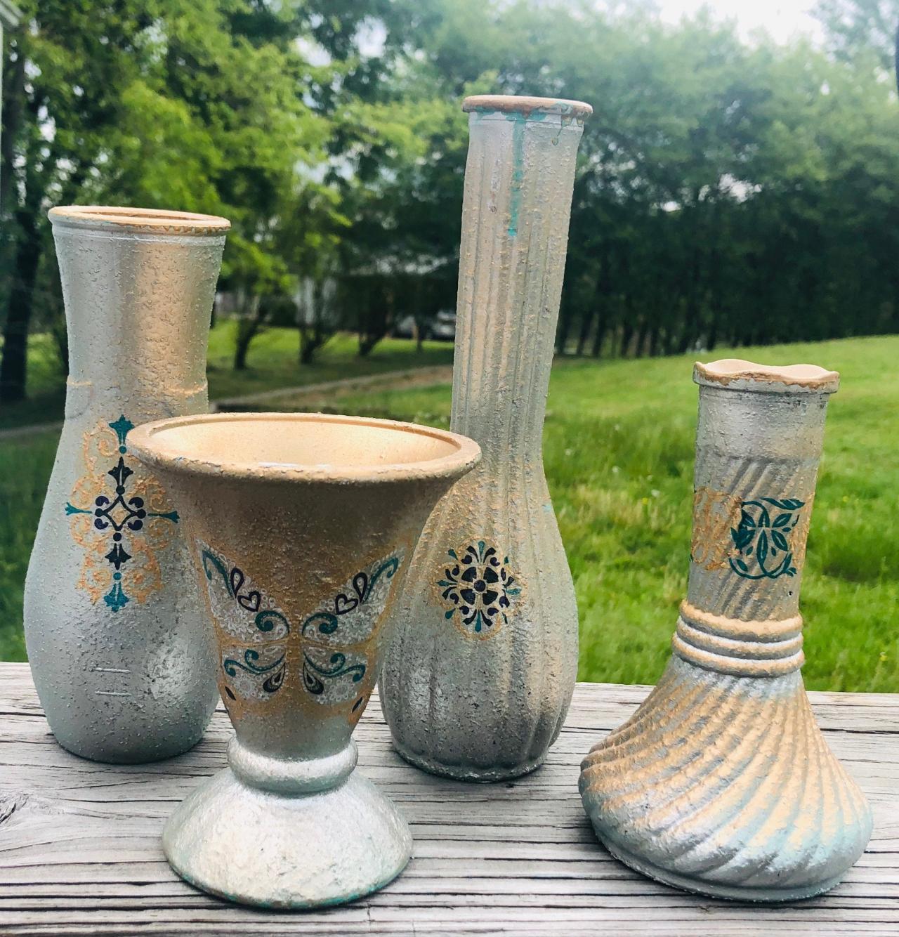 Boho Inspired - Set of 4 - Mismatched Bud Vases - Textured - Butterfly - Silver - Gold - Sea Mist Green