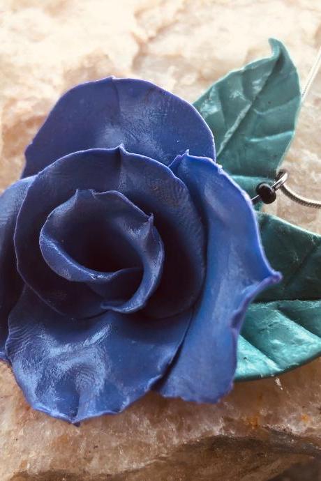 Lilac Indigo Clay Rose w/Light Sage Green Leaves Handmade Pendant on 18' Silver-Plated Snake Chain
