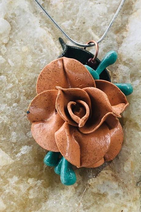 Handcrafted Clay Sand Rose with Blue Seeded Eucalyptus & Ruscus Leaf Pendant 18' Silver Plated Necklace with Lobster Clasp