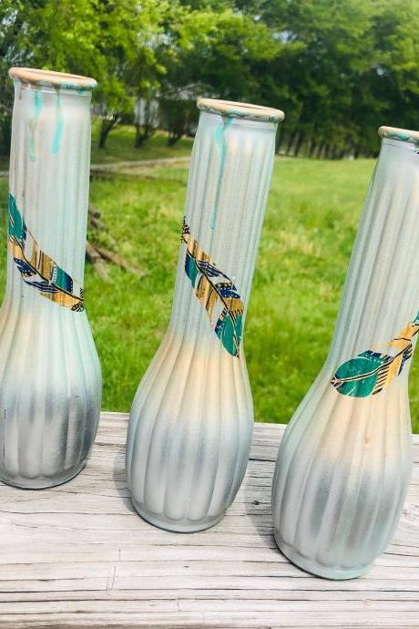 Boho Feather Vases - Matching Set of 3 - Painted Glass - Bud Vases - Silver - Gold - Green