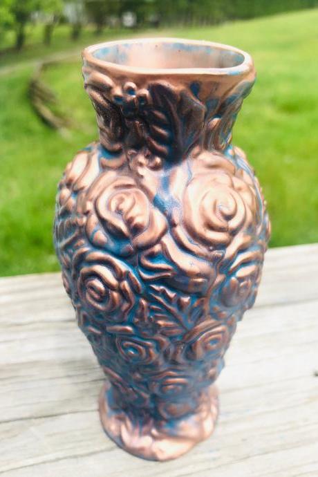 Carved Rose Bud Vase - Painted Ceramic - Teal - Rose Gold