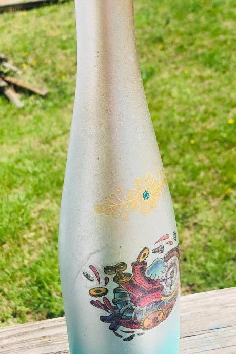 Funky Heart - Wine Bottle Vase/Candleholder - Painted Glass - Sea Foam Green - Silver - Gold