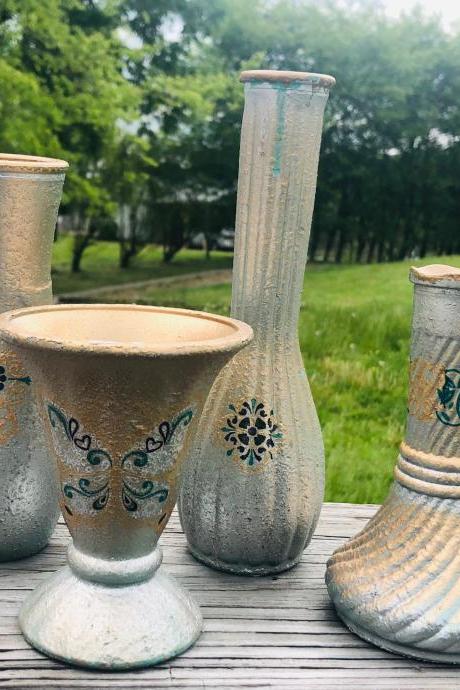 Boho Inspired - Set of 4 - Mismatched Bud Vases - Textured - Butterfly - Silver - Gold - Sea Mist Green